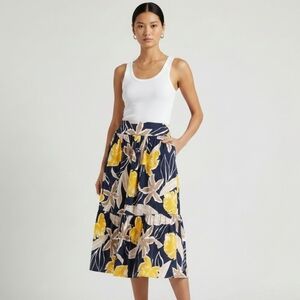 Zara Navy & Yellow Floral Print Cotton Ruffle Midi Skirt - Size S